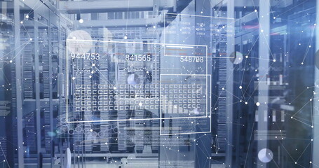 Image of data processing over and diagrams server room