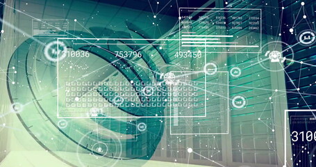 Image of data processing and media icons over server room