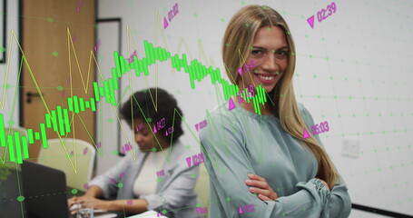 Image of financial data processing over diverse businesspeople in office