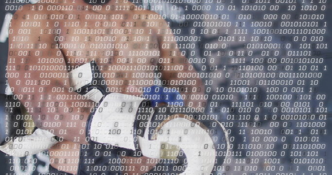 Image of processing data over biracial male boxer preparing gloves at gym - Powered by Adobe