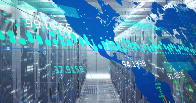 Image of data processing and world map over server room - Powered by Adobe
