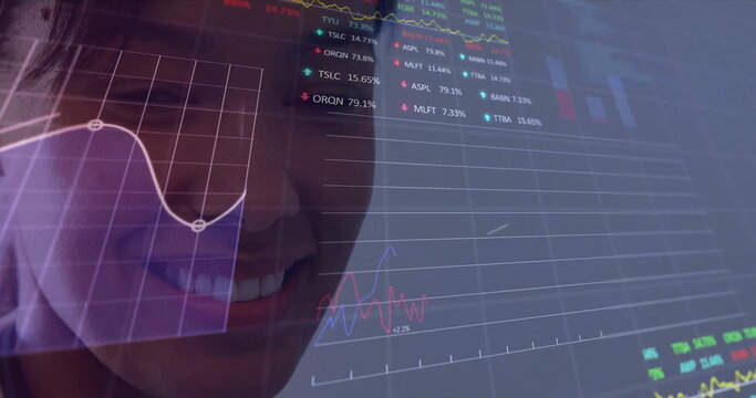 Image of data processing and diagrams over biracial female doctor and stock market