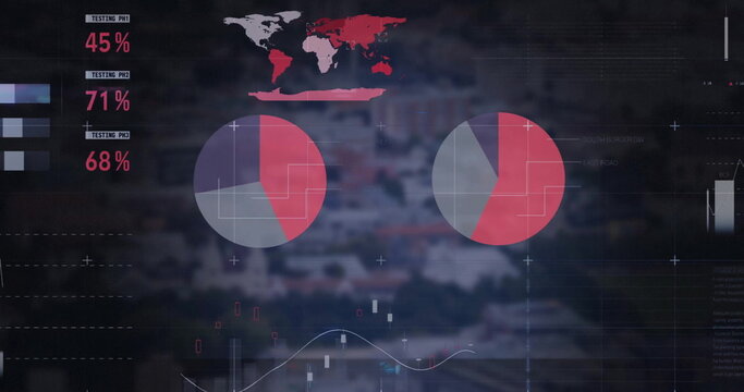 Image of data processing and diagrams over cityscape and world map