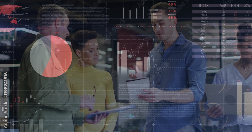 Poster image of data processing and diagrams over diverse colleagues discussing work in office