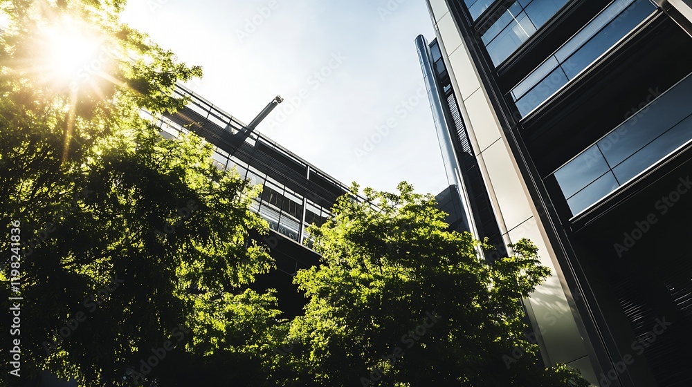 Poster modern high-rise building surrounded by greenery and bright sunlight : generative ai