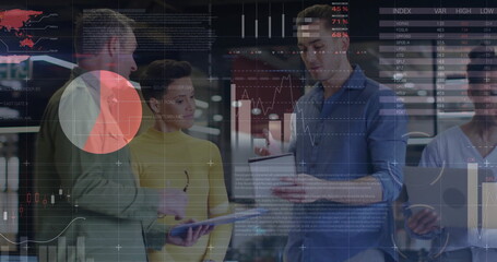 Image of data processing and diagrams over diverse colleagues discussing work in office