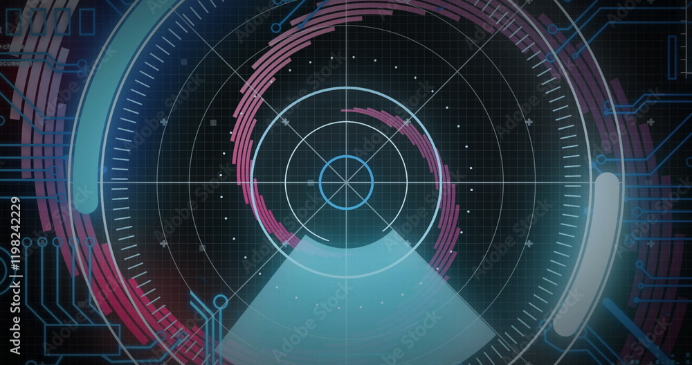 Poster image of scope scanning with computer circuit board over spinning lines on black background