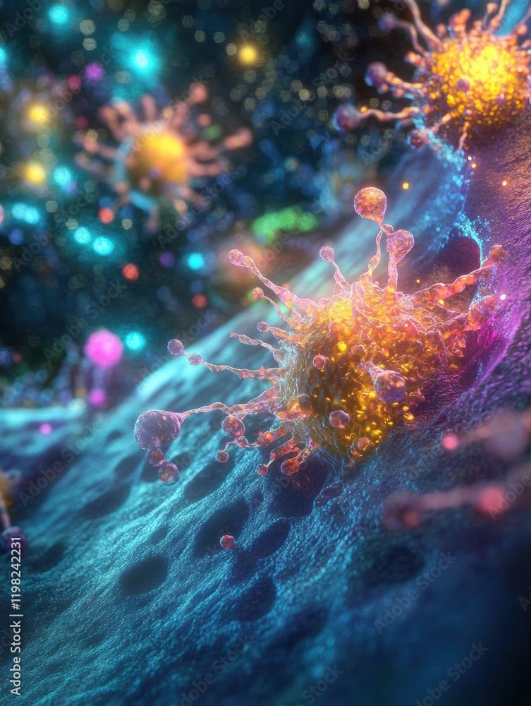 Poster microbial interactions displayed in vibrant colors under molecular magnification highlighting comple
