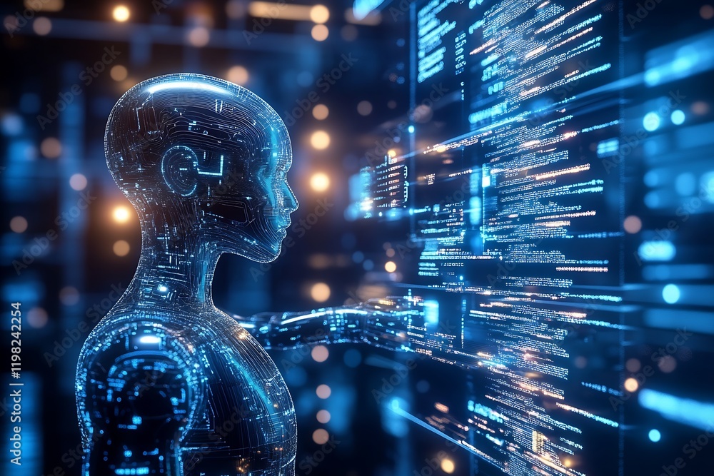 Aufkleber Advanced humanoid robot engaged with complex digital information display : Generative AI