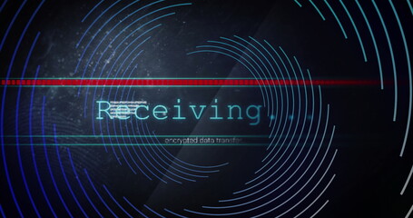 Image of data processing over spinning lines on black background