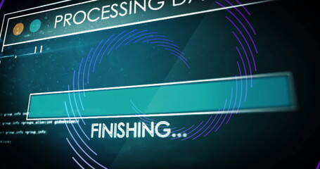 Image of data processing over spinning lines on black background