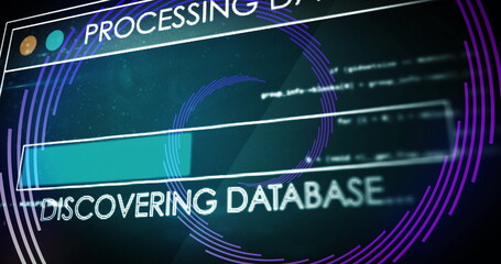 Image of data processing over spinning lines on black background