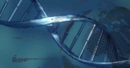 Image of digital data processing, globe over dna strand