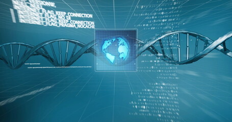 Image of digital data processing, globe over dna strand