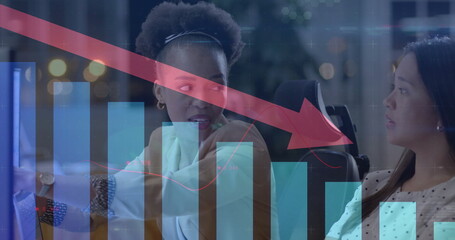 Image of financial data processing over diverse businesswomen in office