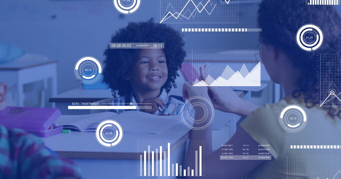 Image of charts processing data over diverse female teacher and schoolboy signing in class