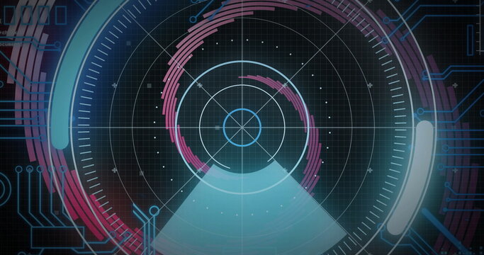 Image of scope scanning with computer circuit board over spinning lines on black background