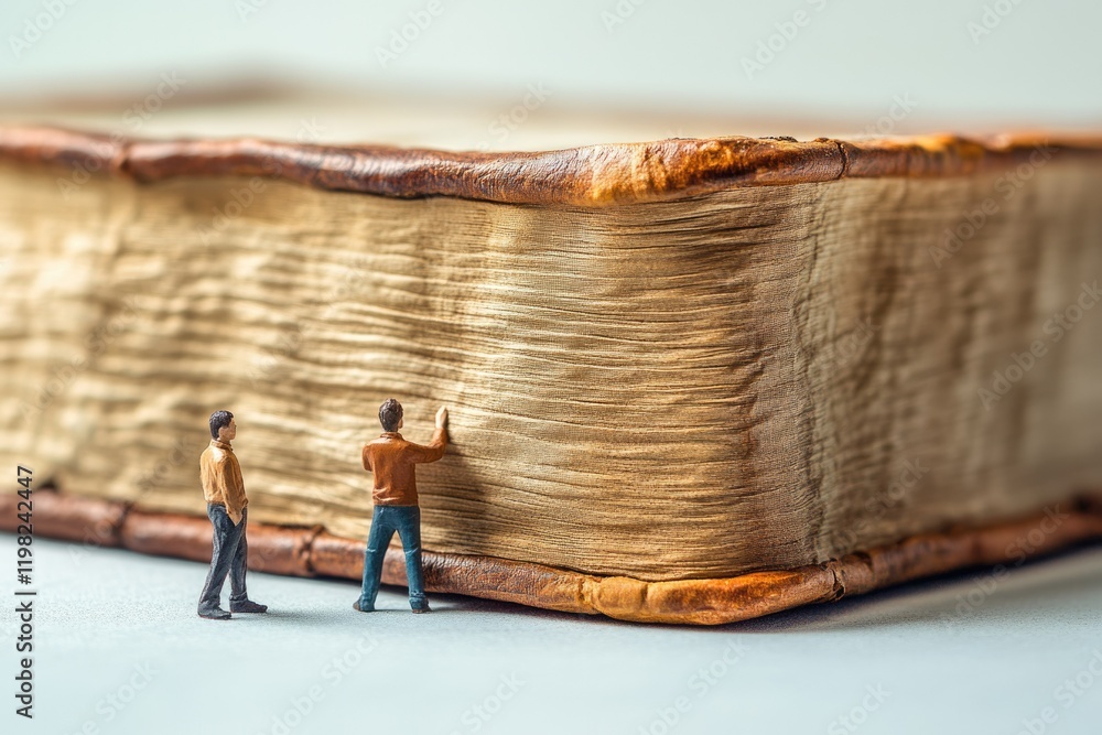 Poster two miniature figures examining a large, aged book, emphasizing scale and the vastness of knowledge.
