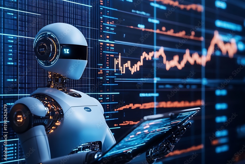 Leinwandbilder Advanced Robot Utilizing Data on Digital Screens for Business Analysis in Tech Office : Generative AI