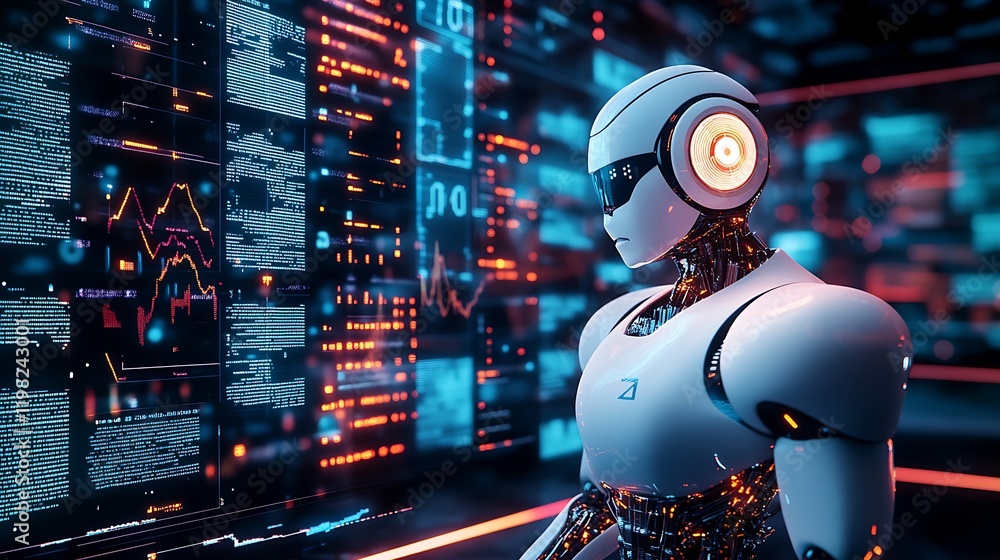 Fototapete Futuristic Robot Analyzing Complex Data Patterns on Interactive Digital Interfaces : Generative AI