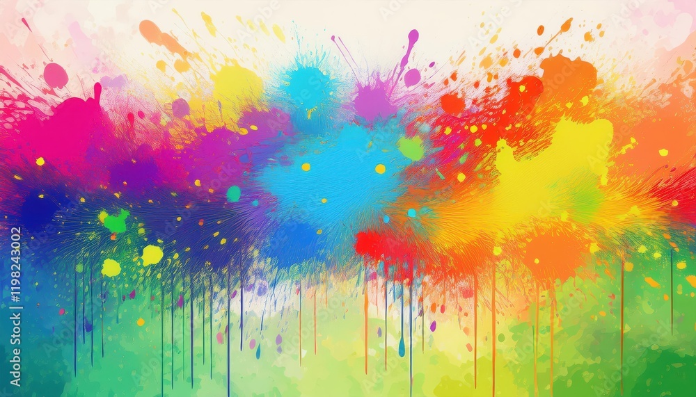 Poster Vibrant Abstract Artwork showcasing a Collage of Colorful Paint Splatters on a Border Background, Creating an EyeCatching Composition with Intricate Patterns and Layers.