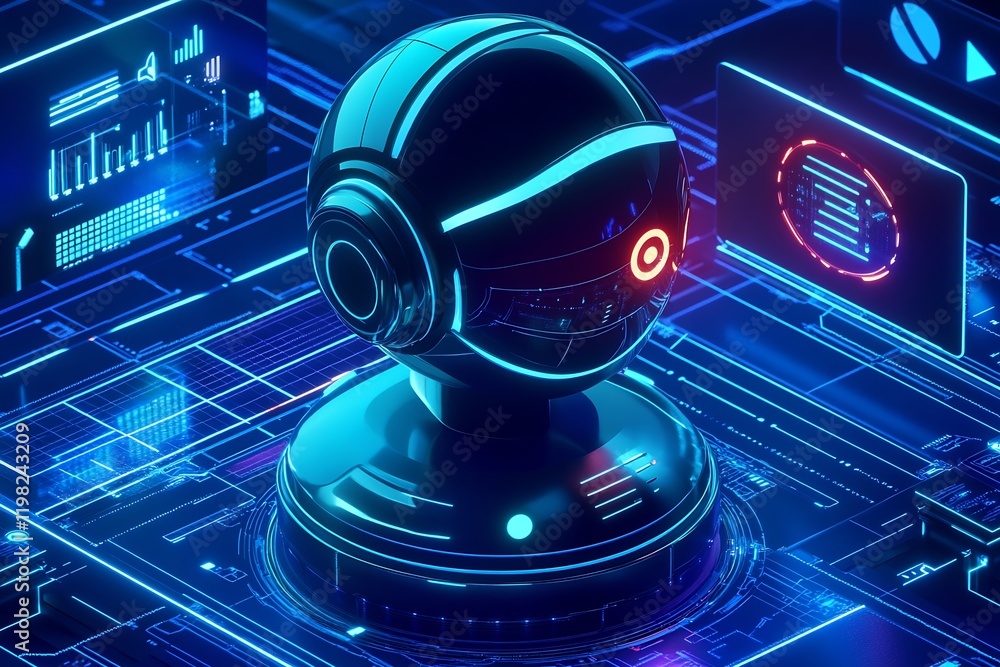 Aufkleber Advanced Robotic Design with Neon Blue Circuitry in a Futuristic Digital Environment : Generative AI