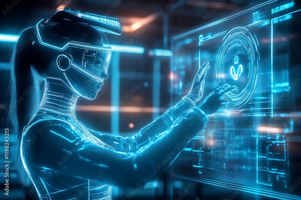 Poster high tech female character operating digital interface with futuristic holographic displays : genera