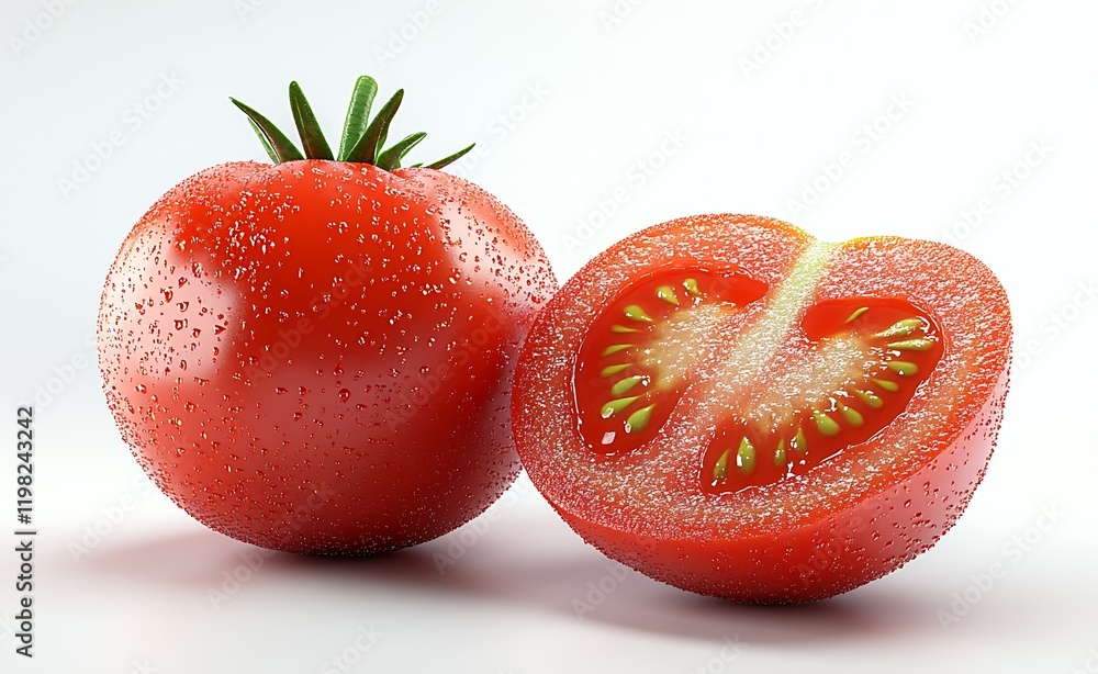 Poster Vibrant sliced and whole tomatoes with water droplets on a minimal background : Generative AI