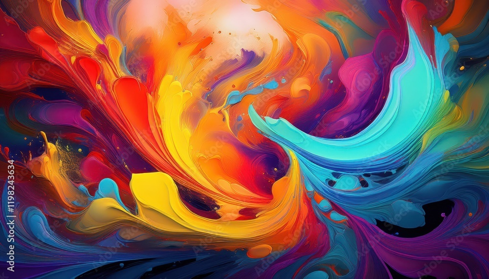 Poster vibrant and expressive multicolor paint splatters create a dynamic energy on an abstract canvas, inv