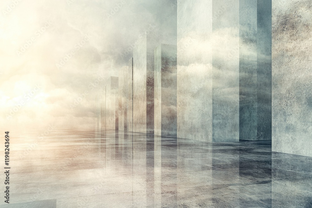 Aufkleber abstract architectural rendering showcasing sleek concrete pillars reflecting on a glossy floor unde
