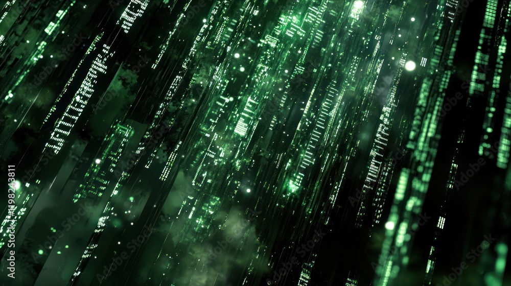 Poster digital rain: abstract green matrix code background
