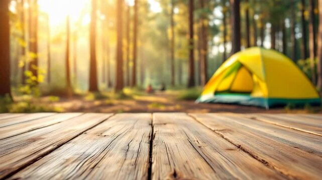 Rustic wooden deck overlooking sunset camping scene with yellow tent in pine forest. Morning wilderness adventure setting with golden sunlight and empty platform