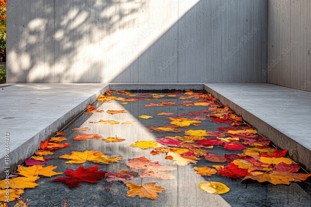 Poster autumn leaves float on a reflective surface within a minimalist concrete structure.
