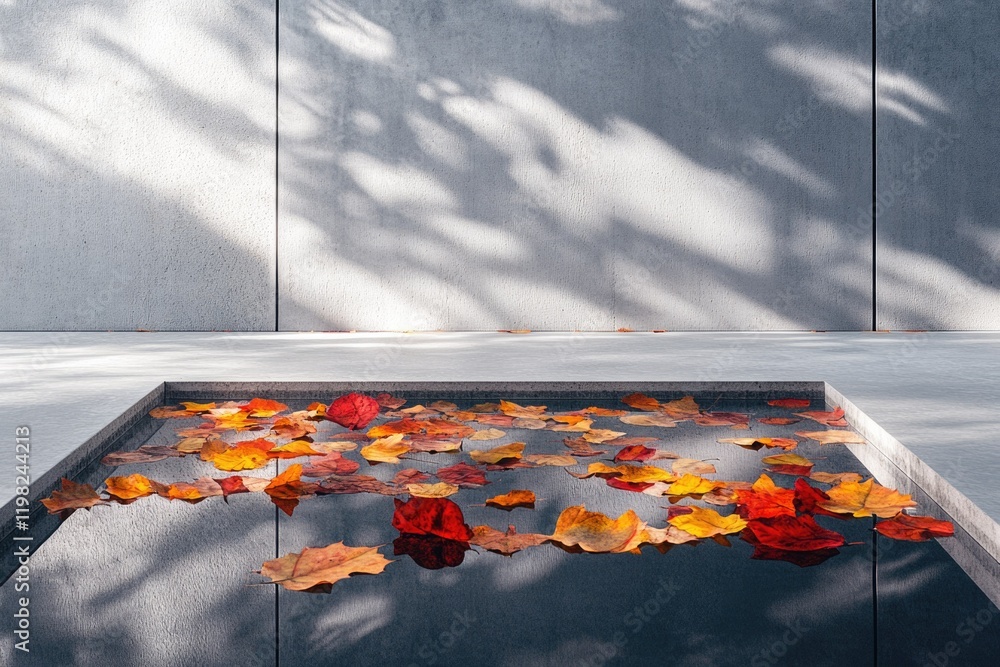 Poster autumn leaves float on a calm pool of water, nestled within a minimalist concrete setting.