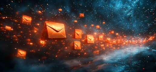 Digital mail flow, cosmic background, data stream, communication concept, web banner
