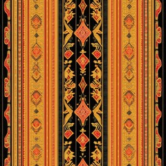 Black and Gold Tribal Pattern: A bold and graphic tribal pattern featuring intricate geometric designs in shades of black, gold, and orange.