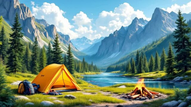 Scenic mountain valley camping spot with orange tent and campfire by the lake. Beautiful wilderness landscape with pine trees and rocky peaks. Summer outdoor adventure