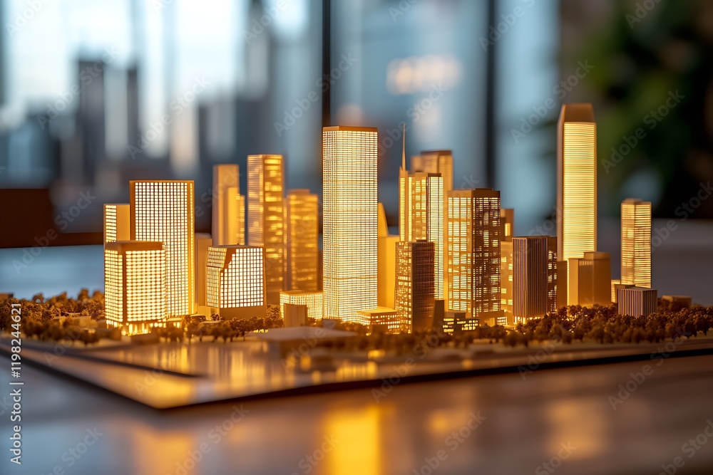 Poster artistic miniature city model with illuminated high-rises showcasing modern urban planning and desig