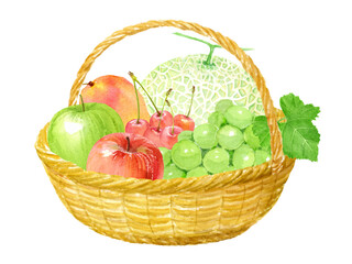 かごに入ったいろいろなフルーツの水彩イラスト　ベクター
