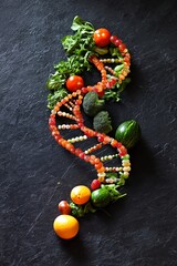 Nutrition science illustrated by a DNA strand intertwined with fresh produce representing the intersection genetics and health