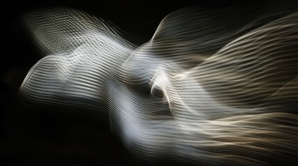 Abstract light painting, flowing lines, white and gold streaks on black background.