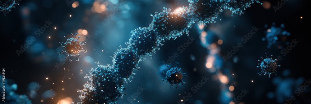 Poster close up view of molecular rna chain surrounded by viruses highlighting intricate biological interac