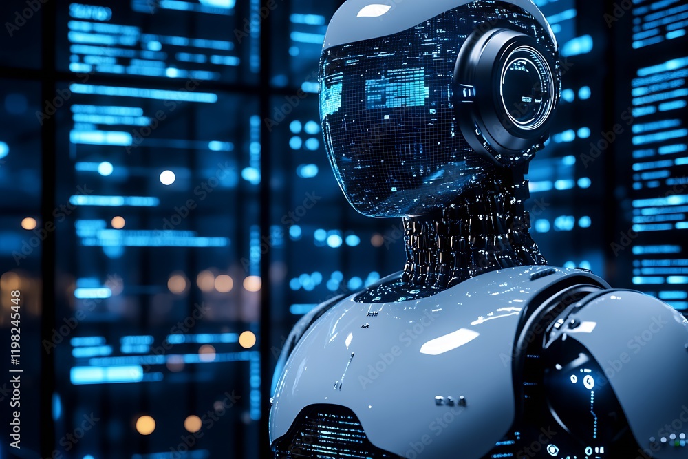 Poster Artificial Intelligence Cyborg Analyzing Complex Data in Futuristic Setting : Generative AI
