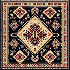 Intricate Black and Cream Rug Design: A captivating square rug showcases a symmetrical pattern in rich black, cream, and red hues.