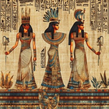 Ancient Egyptian Goddesses:  A captivating depiction of three powerful Egyptian goddesses adorned in traditional headdresses and ornate attire.