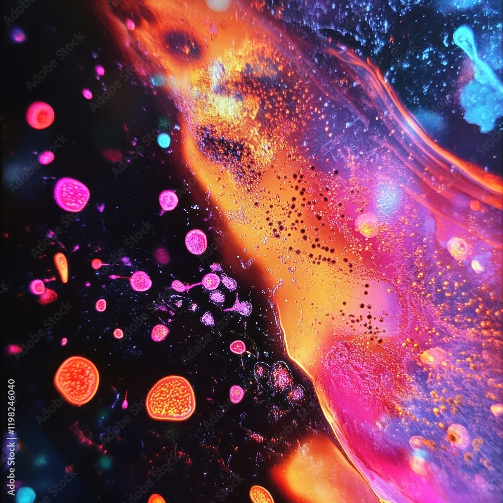 Leinwandbilder abstract visualization of antibiotics interacting with bacteria under a microscope in vibrant colors