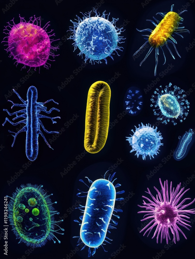 Aufkleber exploration of diverse bacterial evolution showcasing unique forms and structures in vibrant colors.