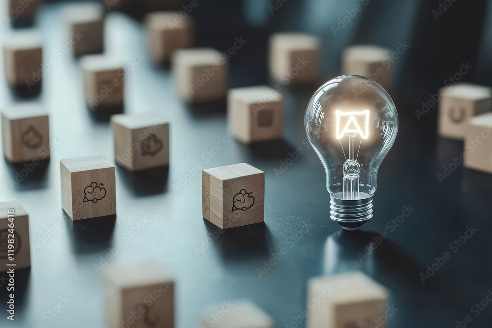 Poster glowing lightbulb surrounded by digital blocks representing futuristic ai technology concepts