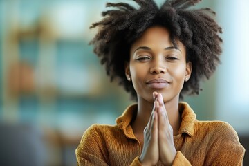 Young woman with cancer finds strength through yoga and meditation in her apartment during a healing journey