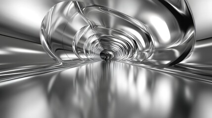 Abstract metallic tunnel with reflective surfaces and converging lines creating a sense of depth...